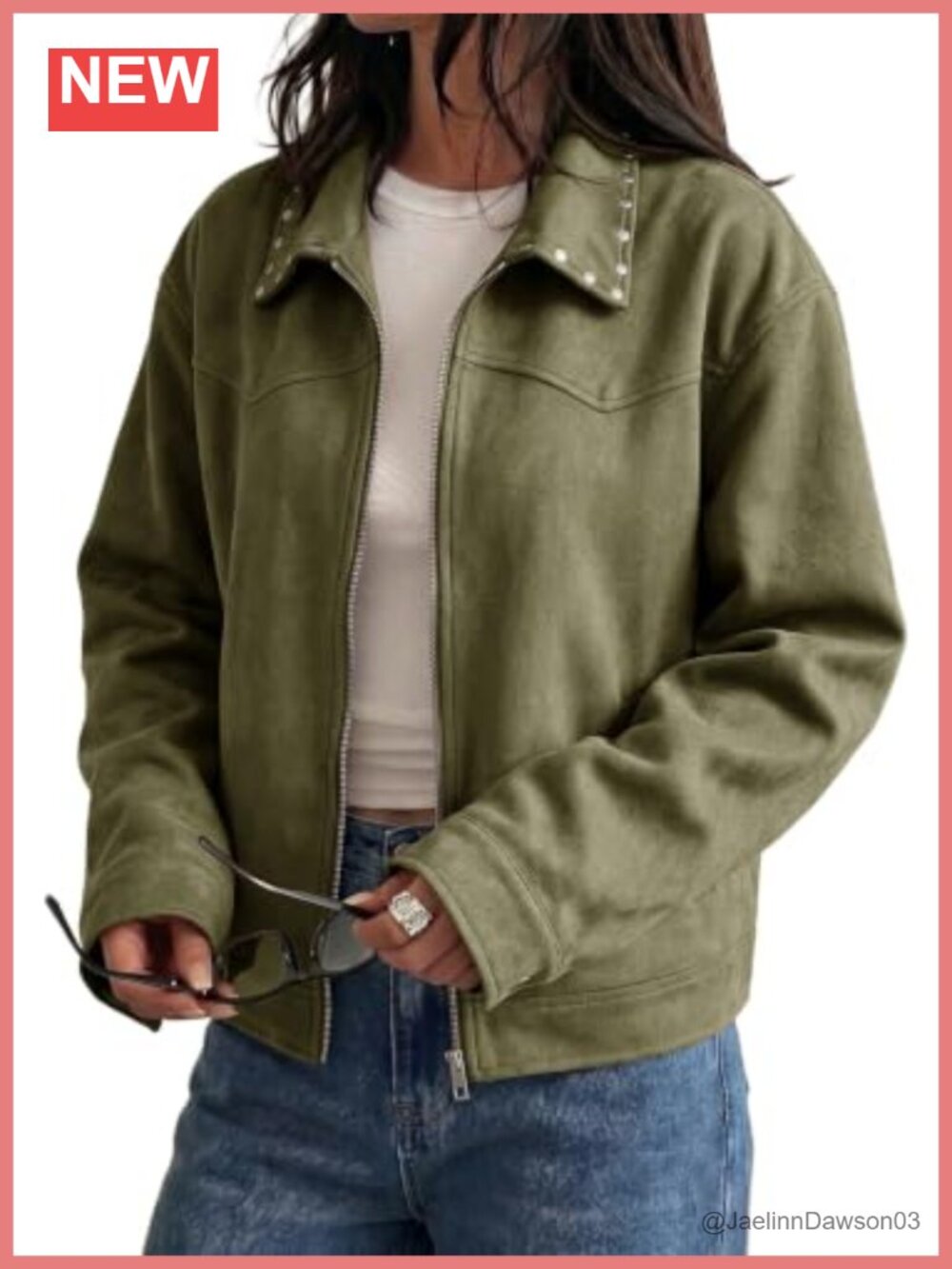 Studded Faux Suede Cropped Jacket Zip Up Loose Fit Casual Coat